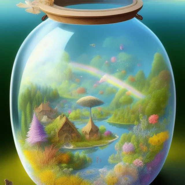 3719406310-exquisitely intricately detailed illustration, of a small world with a lake and a rainbow, inside a closed glass jar.webp